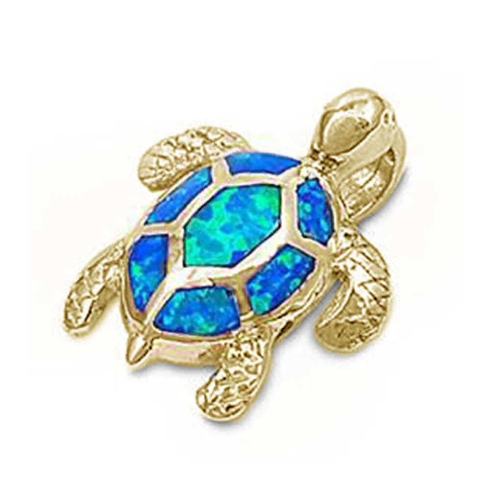 Yellow Gold Plated Blue Opal Sea Turtle Pendant .925 Sterling Silver