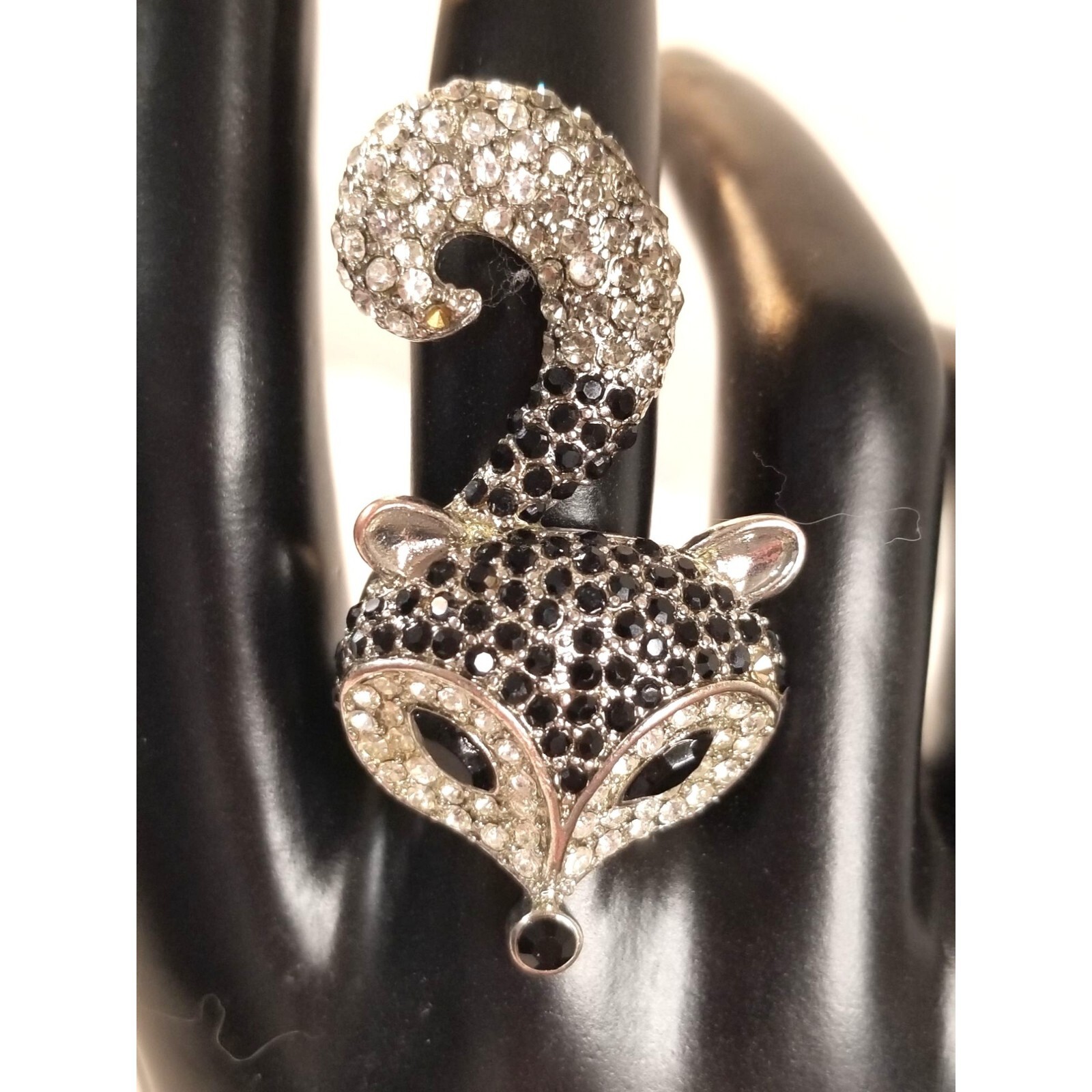 Austrian Crystal Ring Fox Silver Tone Adjustable Band Unknown Mark Statement