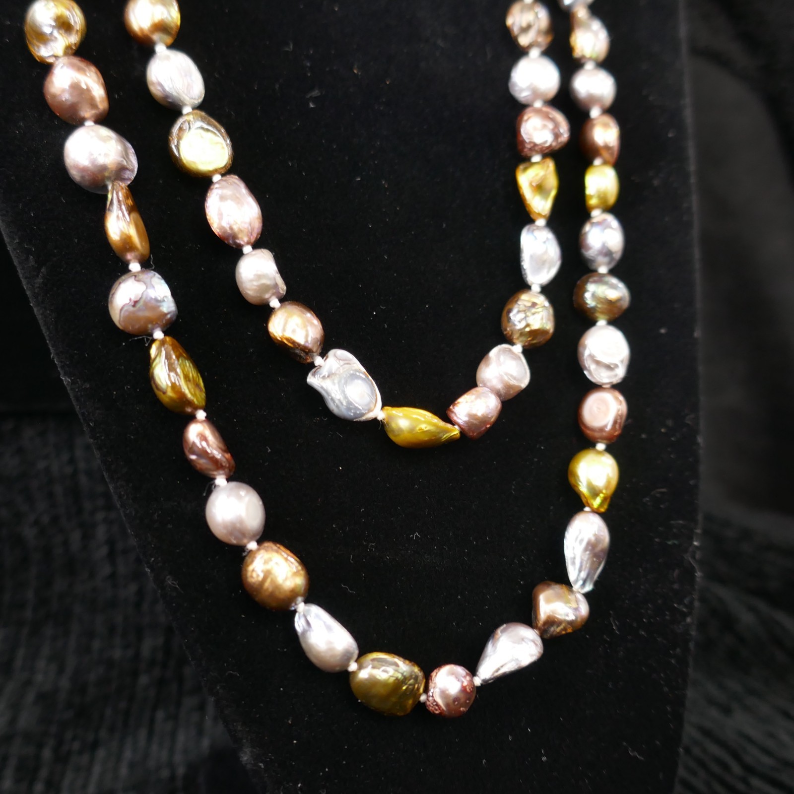 Multi-Colored Imitation Keshi Pearl Strand Necklace Mixed Metallics 60 Inch