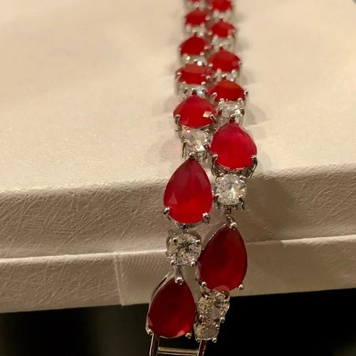 18k White Gold Filled Lab-Created Red Ruby & Simulated Diamond Tennis Bracelet