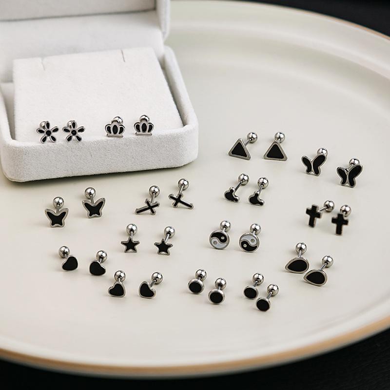 Silver Black Heart Star Round Small Stud Earrings for Women Ear Studs Jewelry