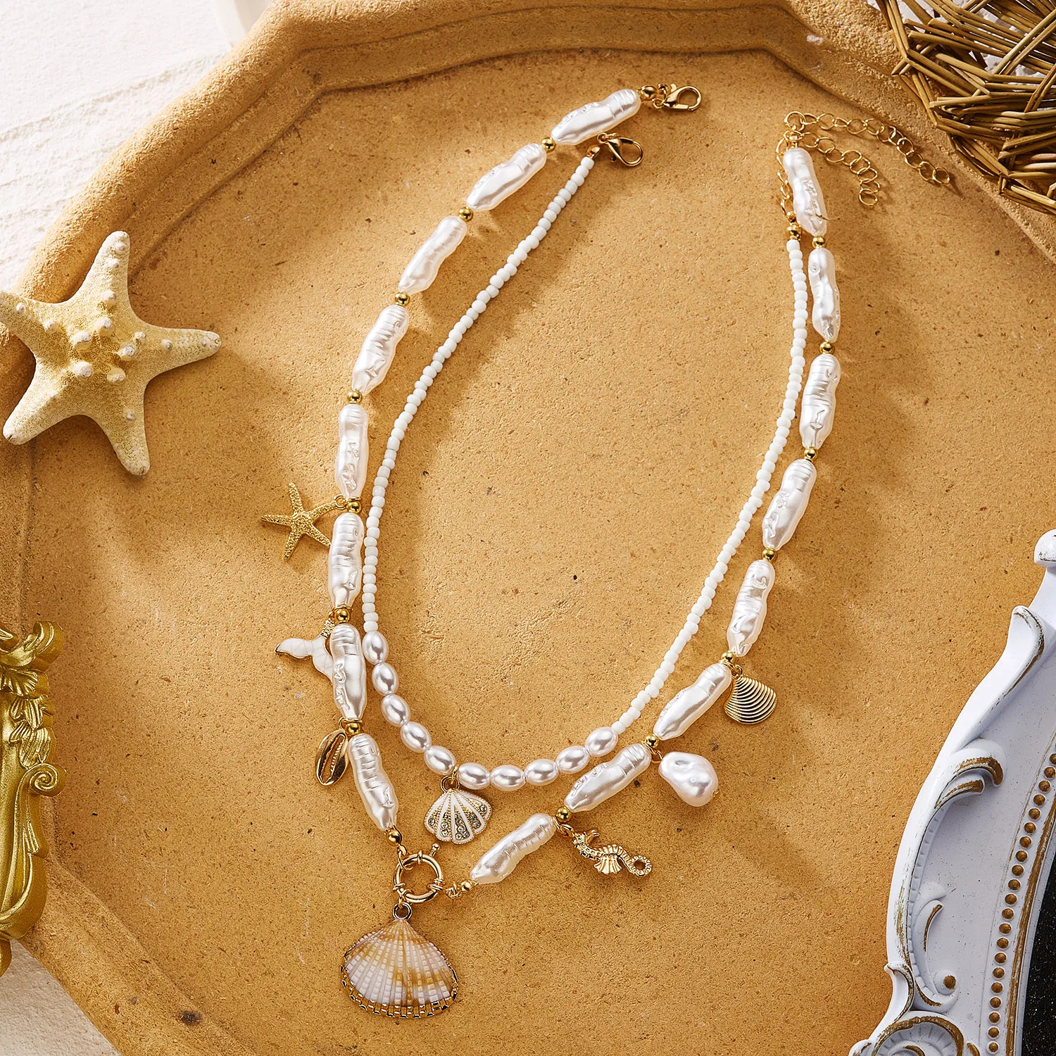 Bohemian Elegant Multilayer Sea Shell Rice Beads Necklace For Women Starfish Pen