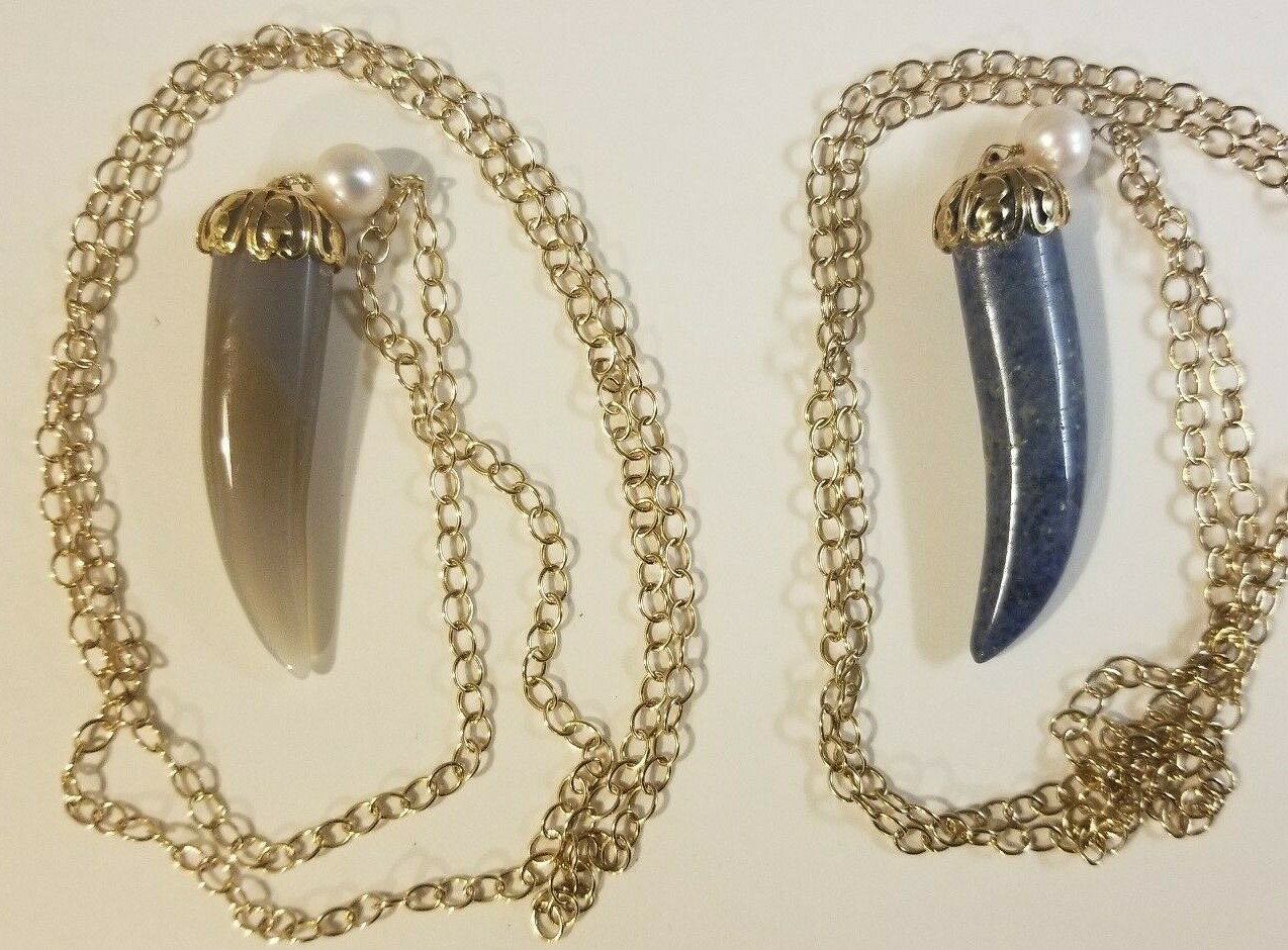 Stone Horn with Goldtone chain 30” long Necklace (Sodalite or Agate)