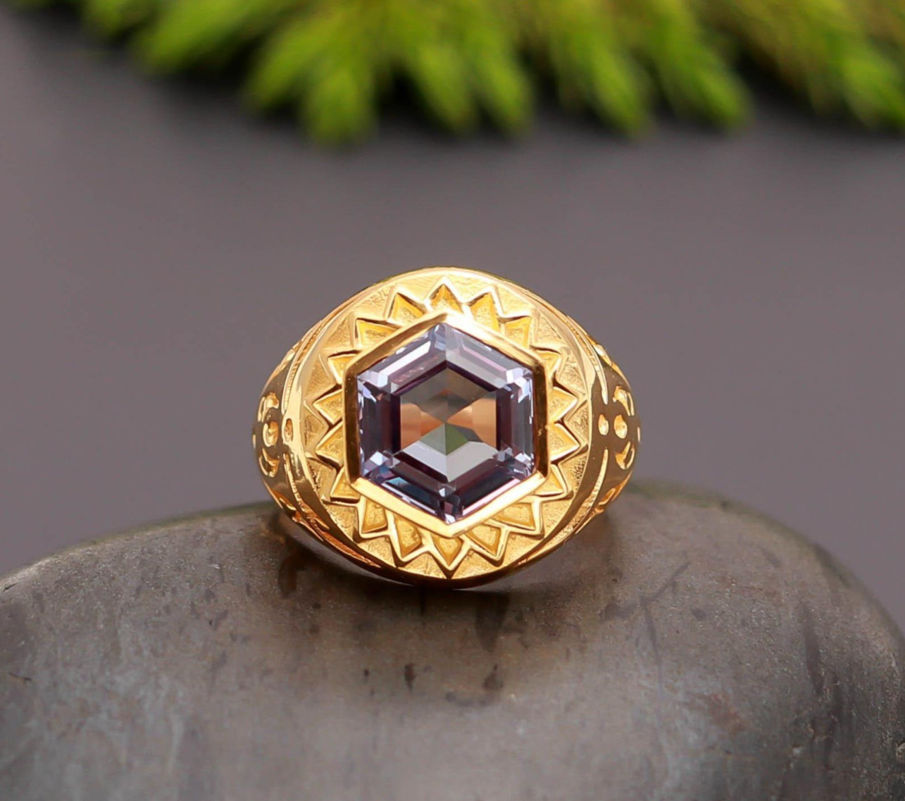 Color Changing Alexandrite Hexagon Ring 925 Sterling Silver Gold Plated Jewelry