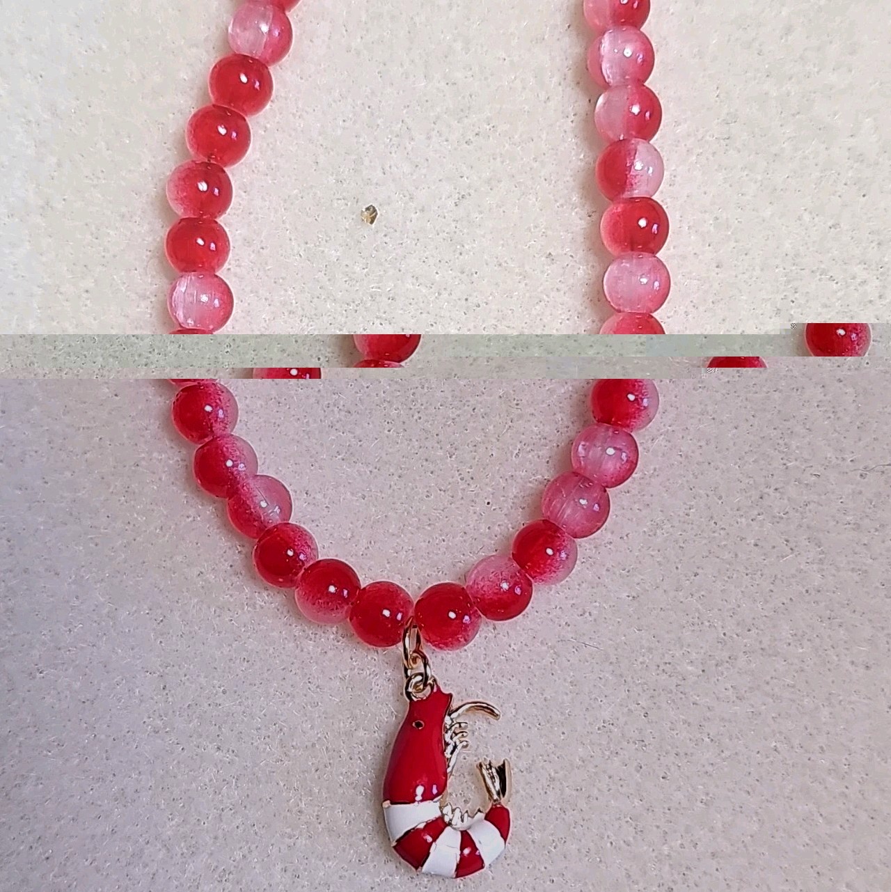 Enamel Shrimp Charm Red Glass Beaded Necklace Sea Theme Pendant Lobster Clasp