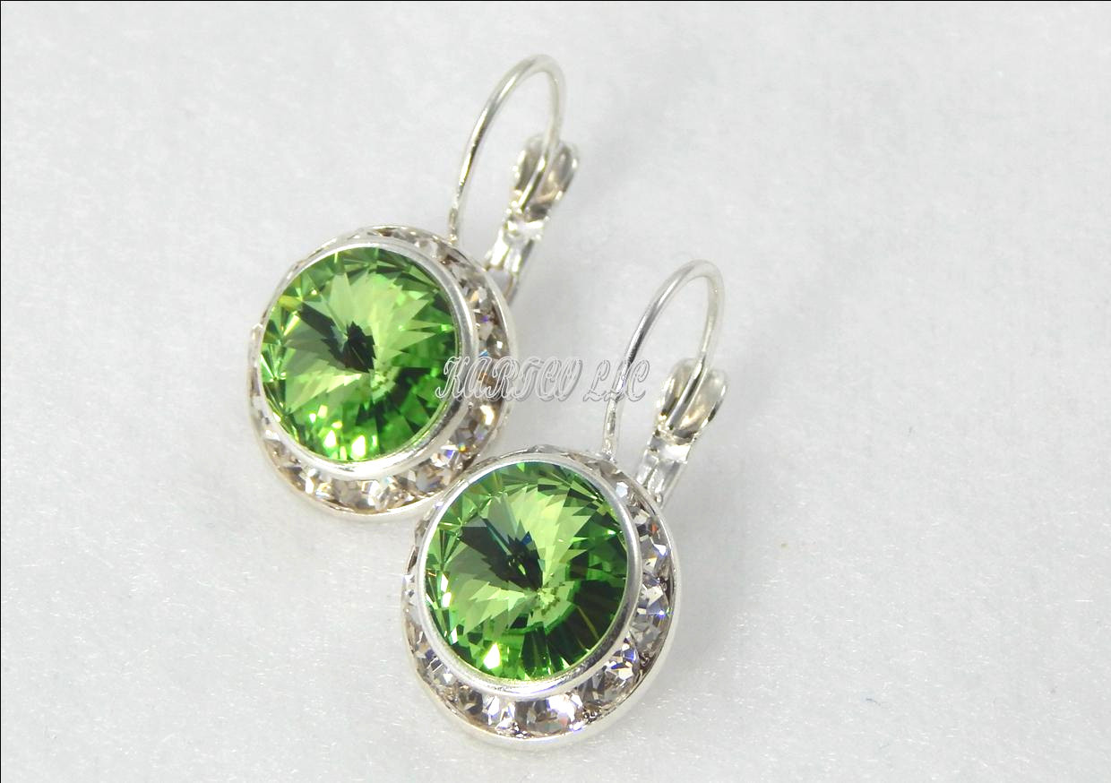AUSTRIAN CRYSTAL ELEMENTS-10MM CRYSTAL PERIDOT GRN- SIL.PLT. LEVER-BACK EARRINGS