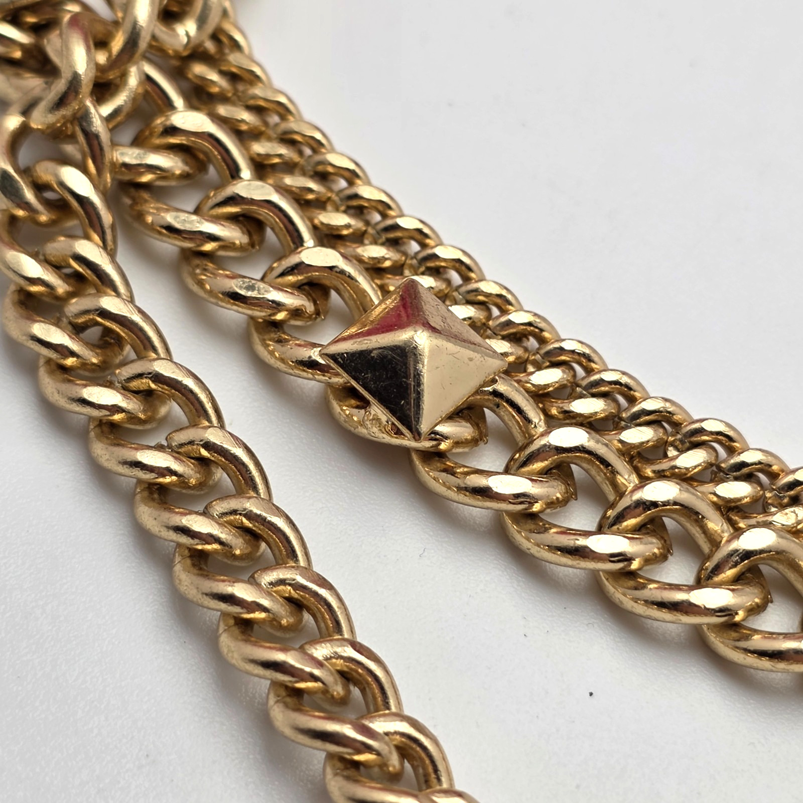 Gold Tone Layered Curb Chain Statement Necklace With Pyramid Studs 19 In
