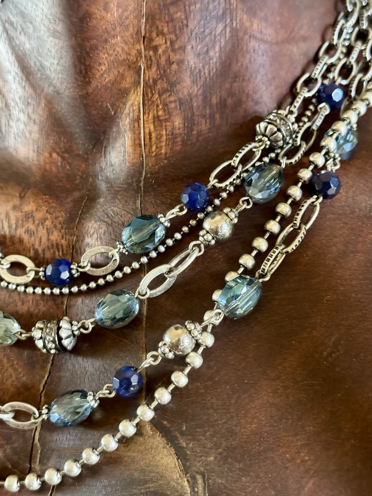 Chico’s Brand Multi-Strand Blue Crystal Beaded Silver Tone Cable Necklace
