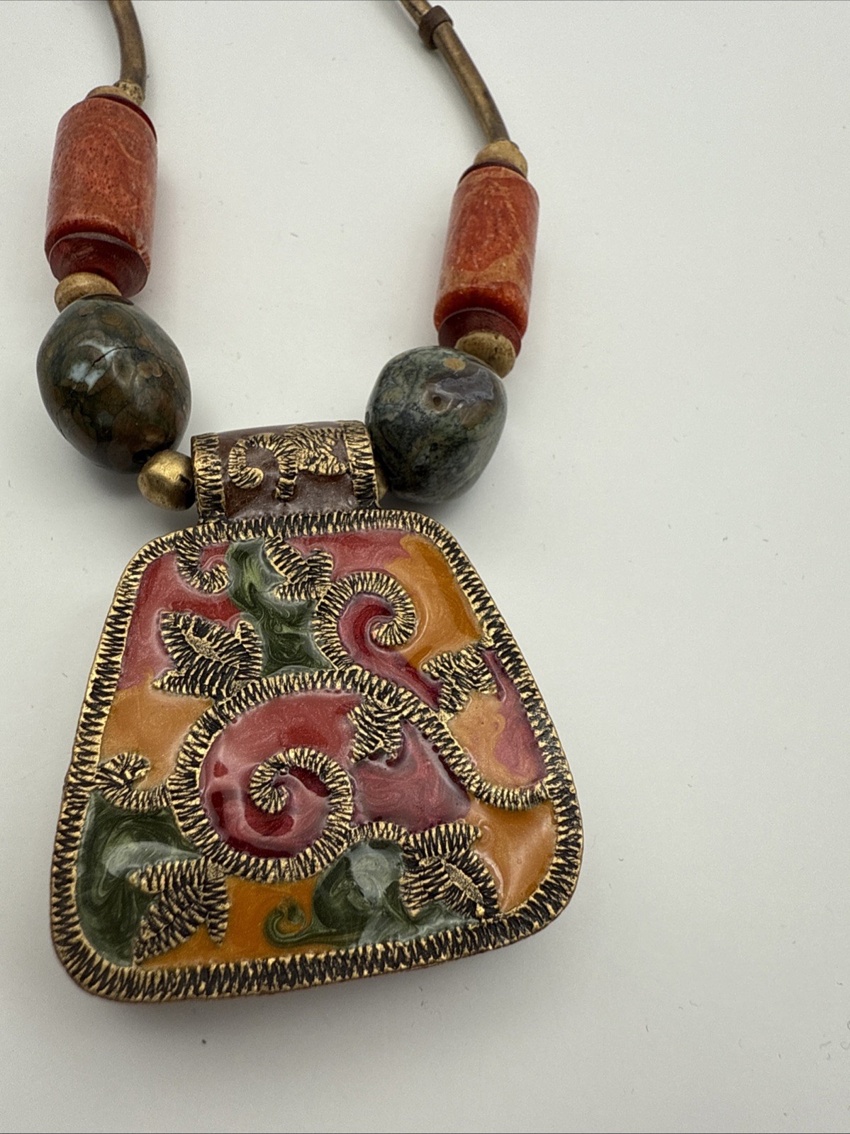 Chicos Necklace Signed Antiqued Copper Red Orange Multicolor Enamel Necklace 16”
