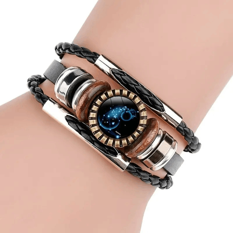 Black 12 Zodiac Sign Constellation Beaded PU Leather Charm Bracelet Gift Stylish