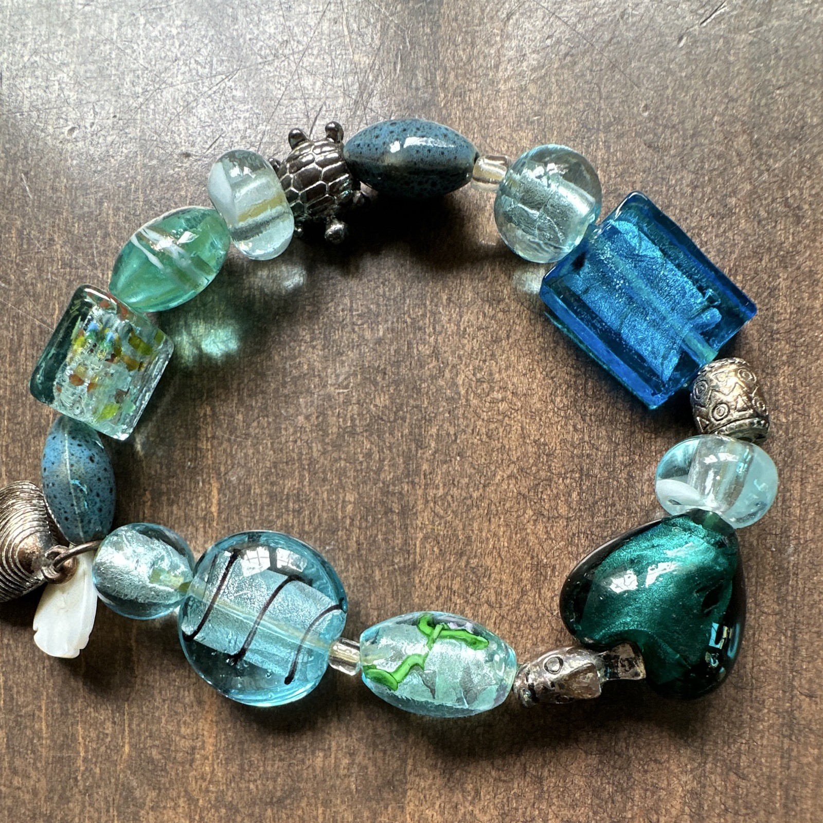 Blue Green Clear Glass Beaded Stretch Bracelet, Silver Dangle Sea Life Charms