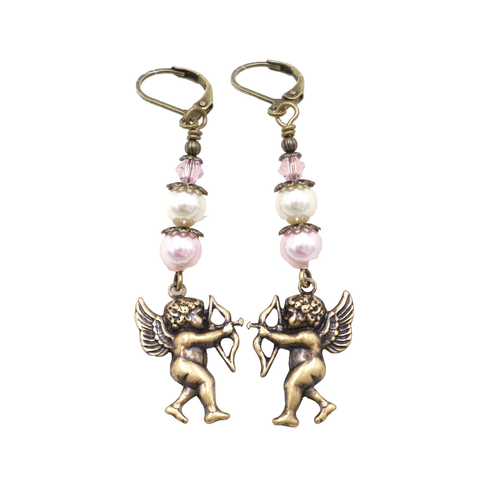 Brass Cherub Cupid Earrings, Handmade Pink & Cream Glass Pearl Spiritual Jewelry