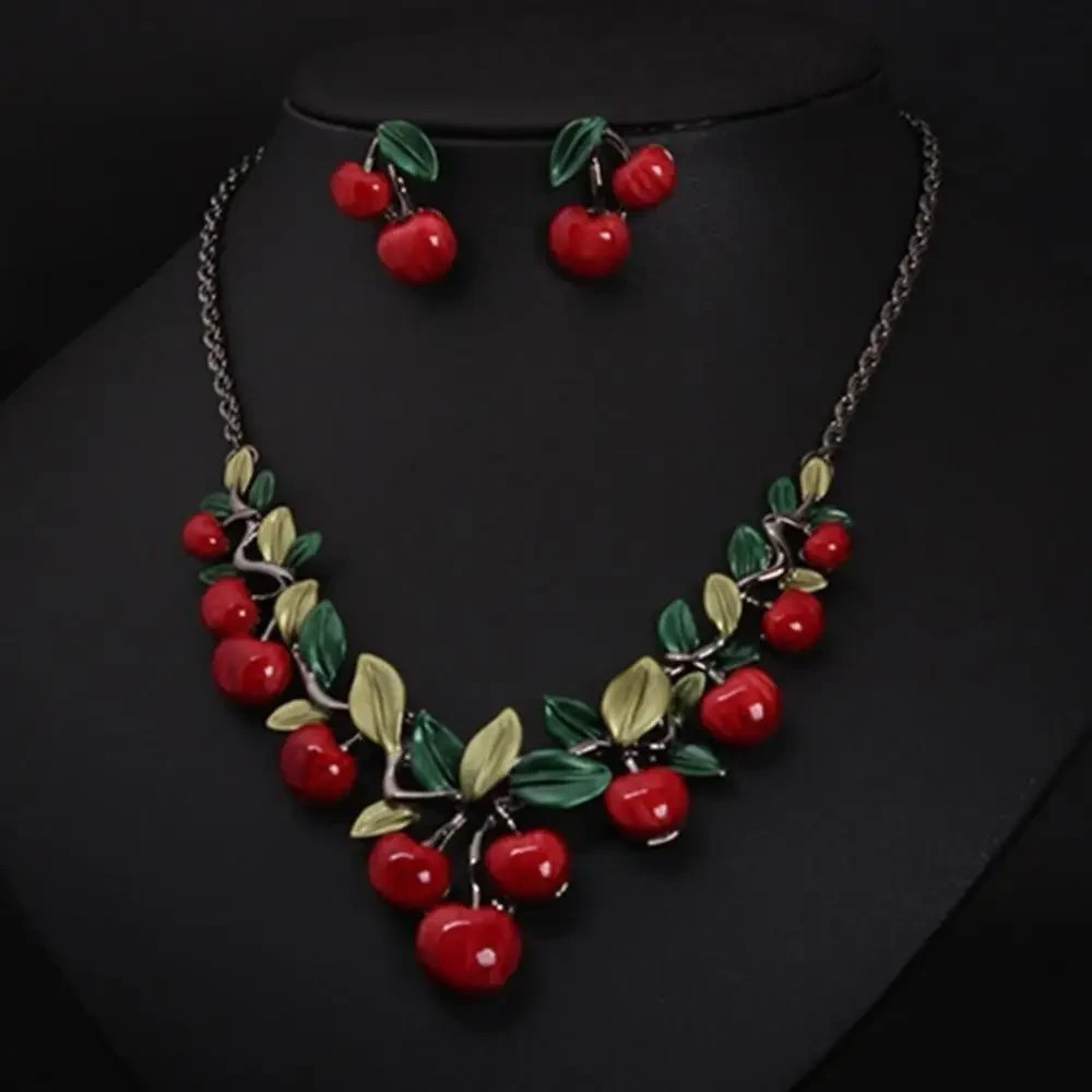 Vintage Red Cherry Necklace Earrings Set Women Fruit Pendant Jewelry Bridal