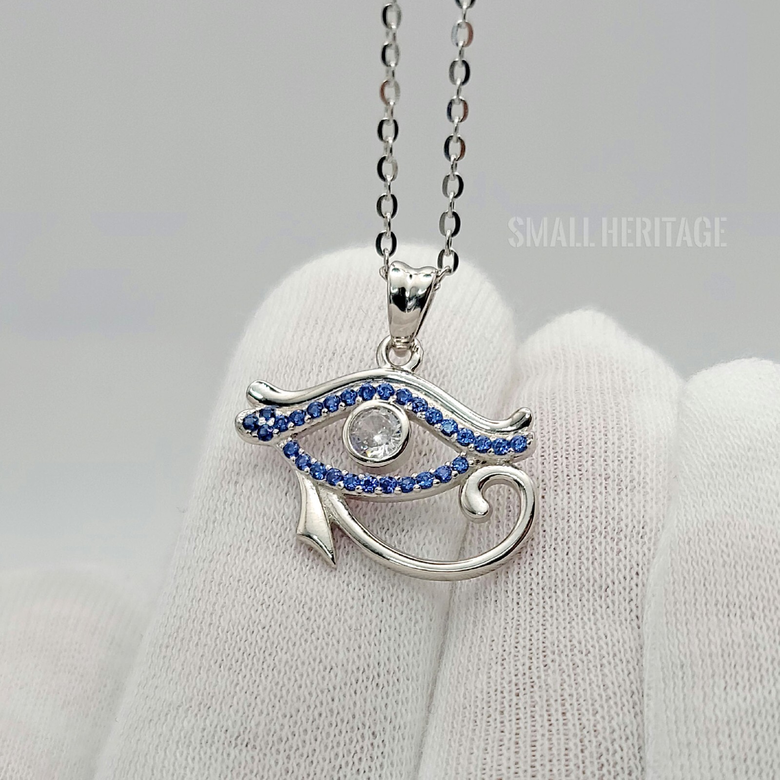 925 Sterling Silver Necklace Ancient Egypt Eye Of Horus pendant Blue crystals