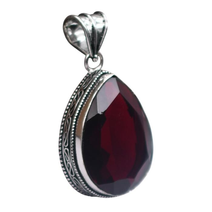 Red Garnet Hydro Gemstone Antique Silver Plated Pendant 2″ J 2075
