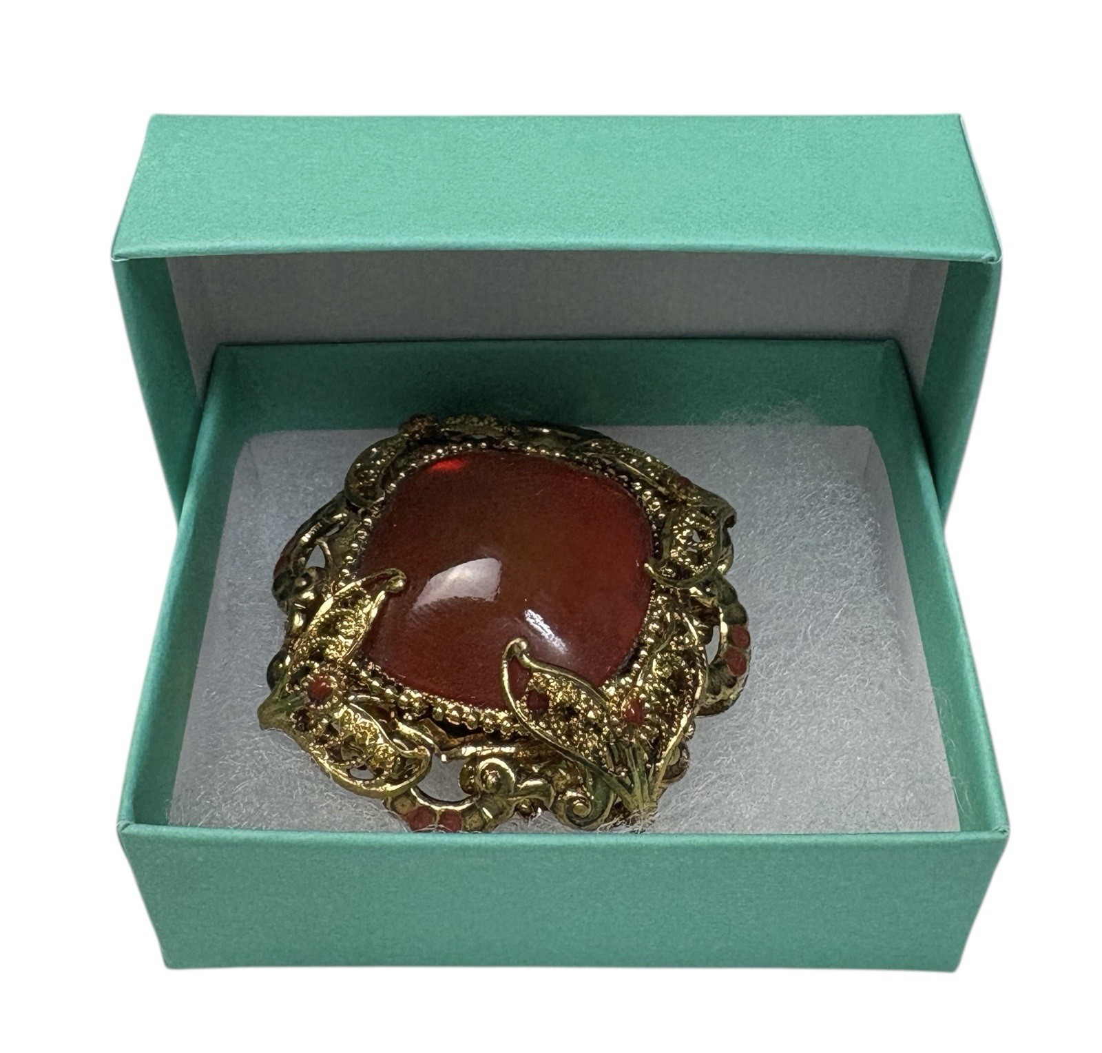 Vintage Austria Gold Tone Filigree Brooch Red Glass Stone Ornate Floral Estate