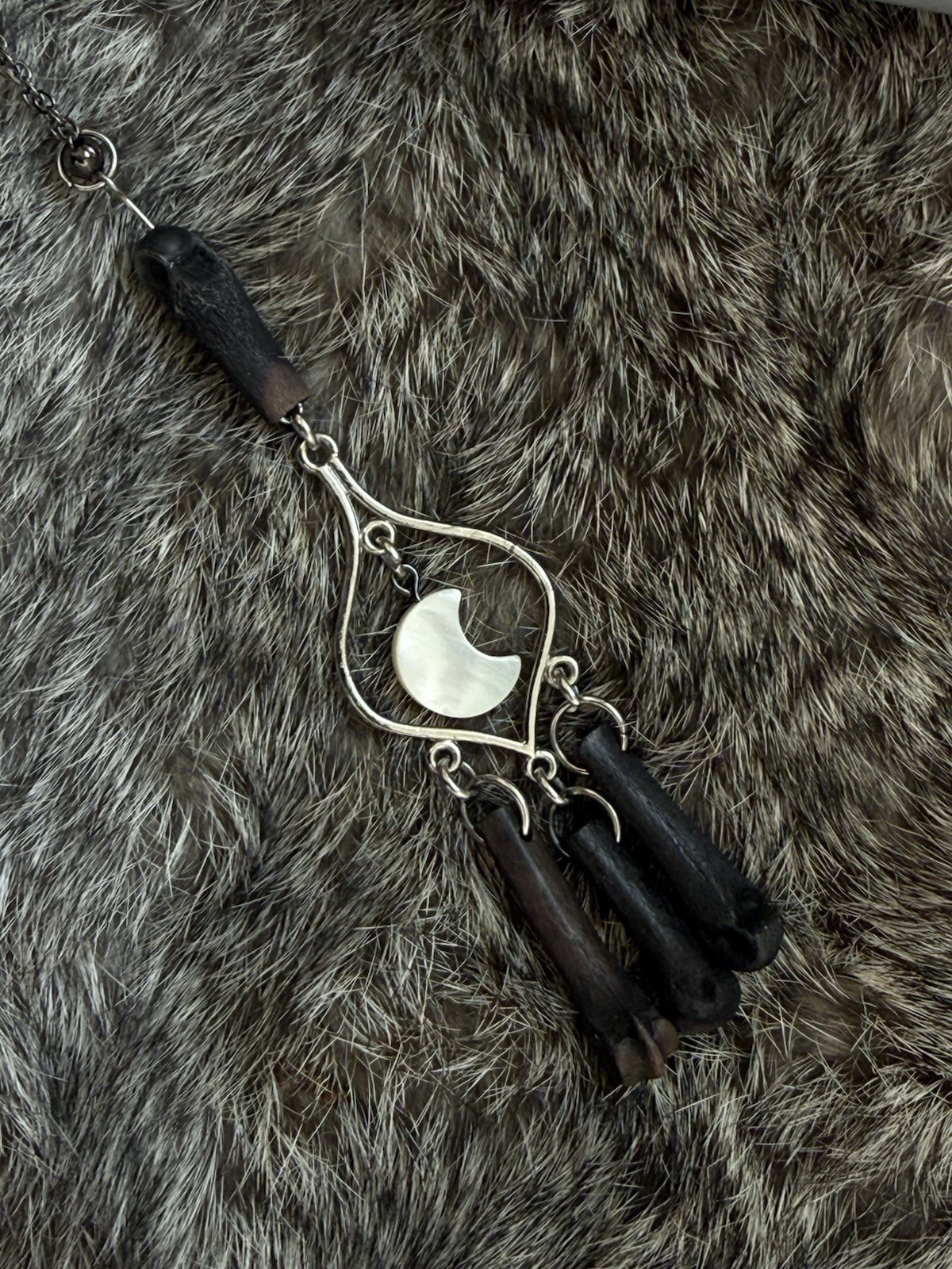 Abalone moon coyote bone necklace pendant oddities jewelry boho layering