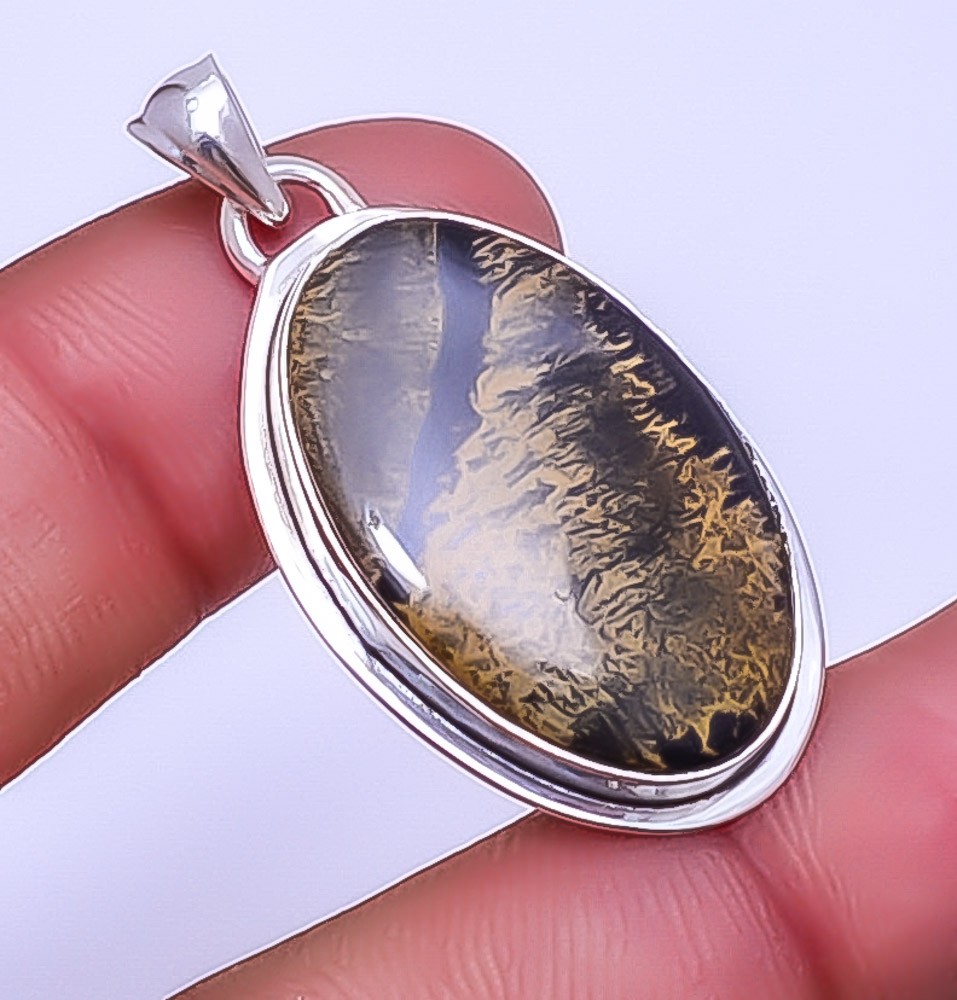 Honey Dendritic Opal – Mexico 925 Sterling Silver Handmade Pendant 1.72″ P5