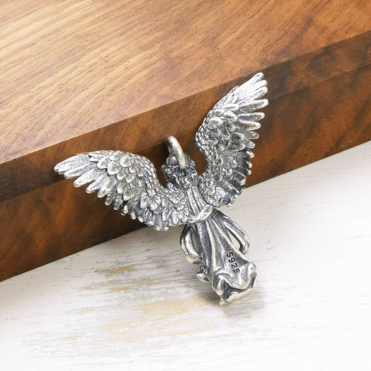 Antiqued 925 Sterling Silver Praying Angel Pendant with Open Wings Unique