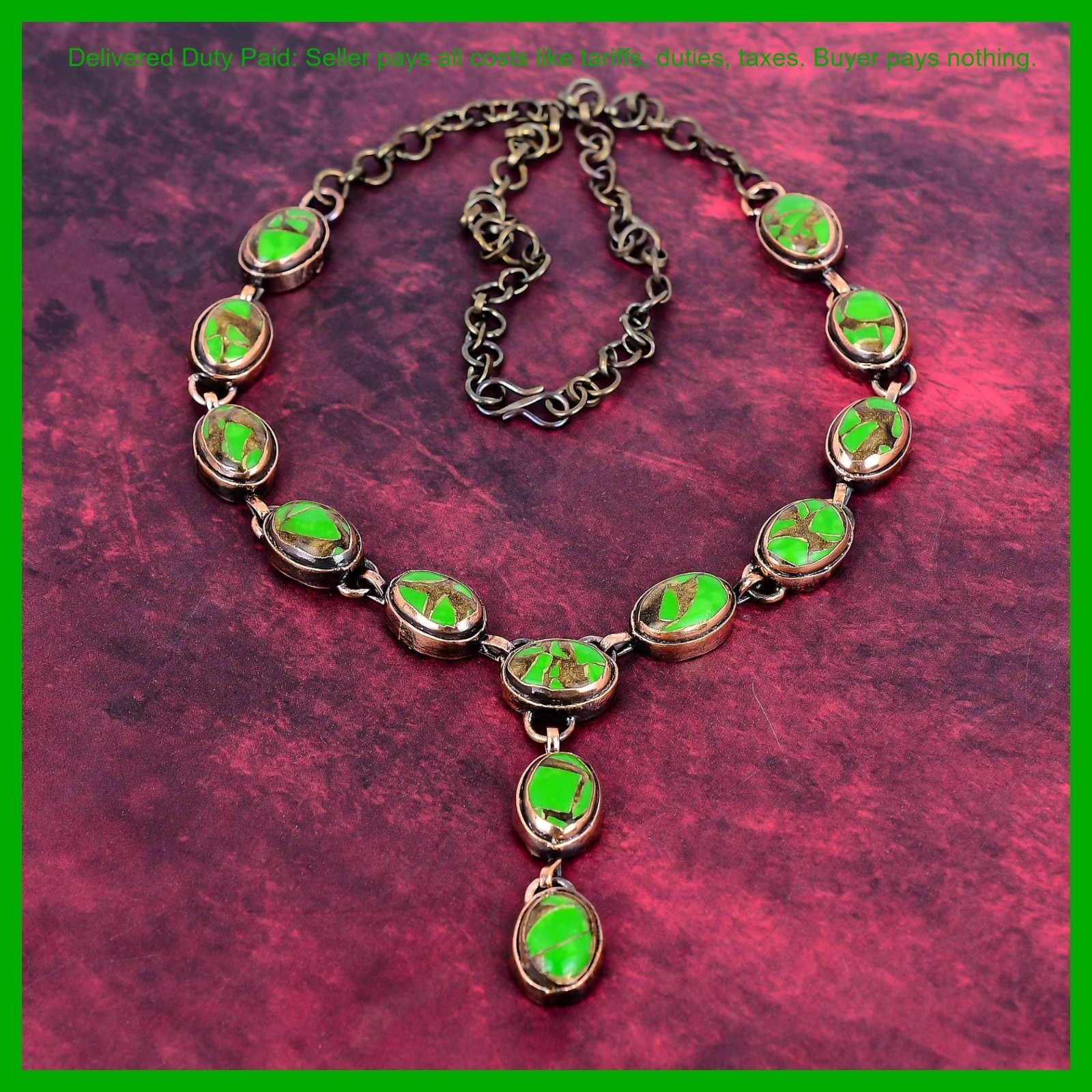 Copper Oval Natural Copper Green Turquoise Chain Electroformed Necklace Jewelry
