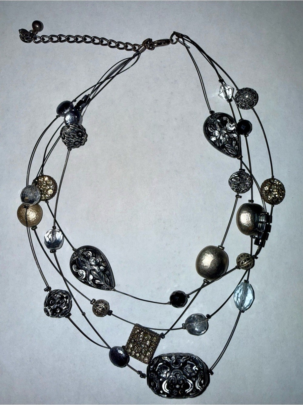 Floating Wire Necklace BLACK CARVED BEADS Wood & Resin Crystal Beads 4 STRAND