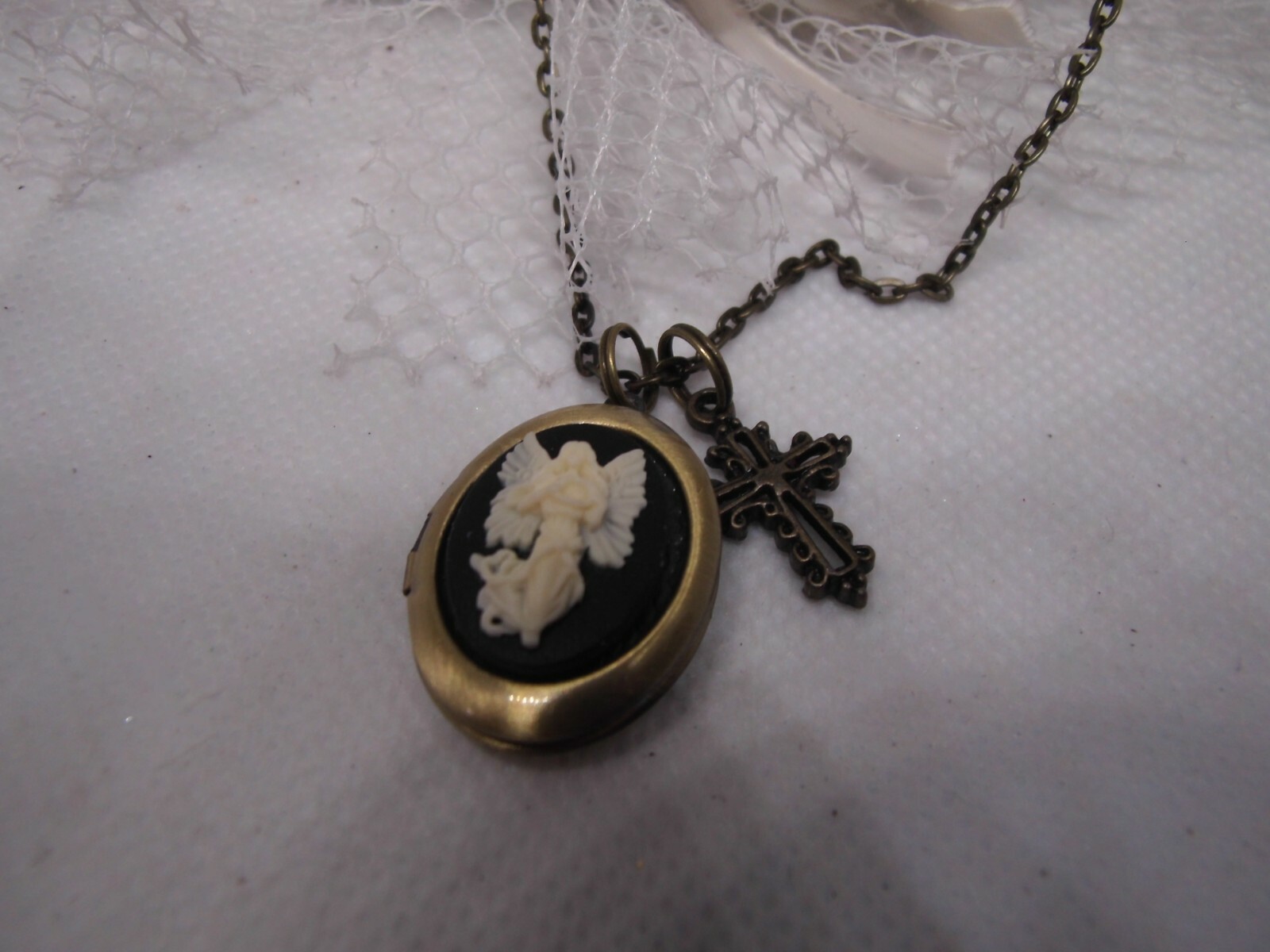 Valentine Prayer Box Bronze Locket Cameo Necklace Pendant photo keepsake Angel