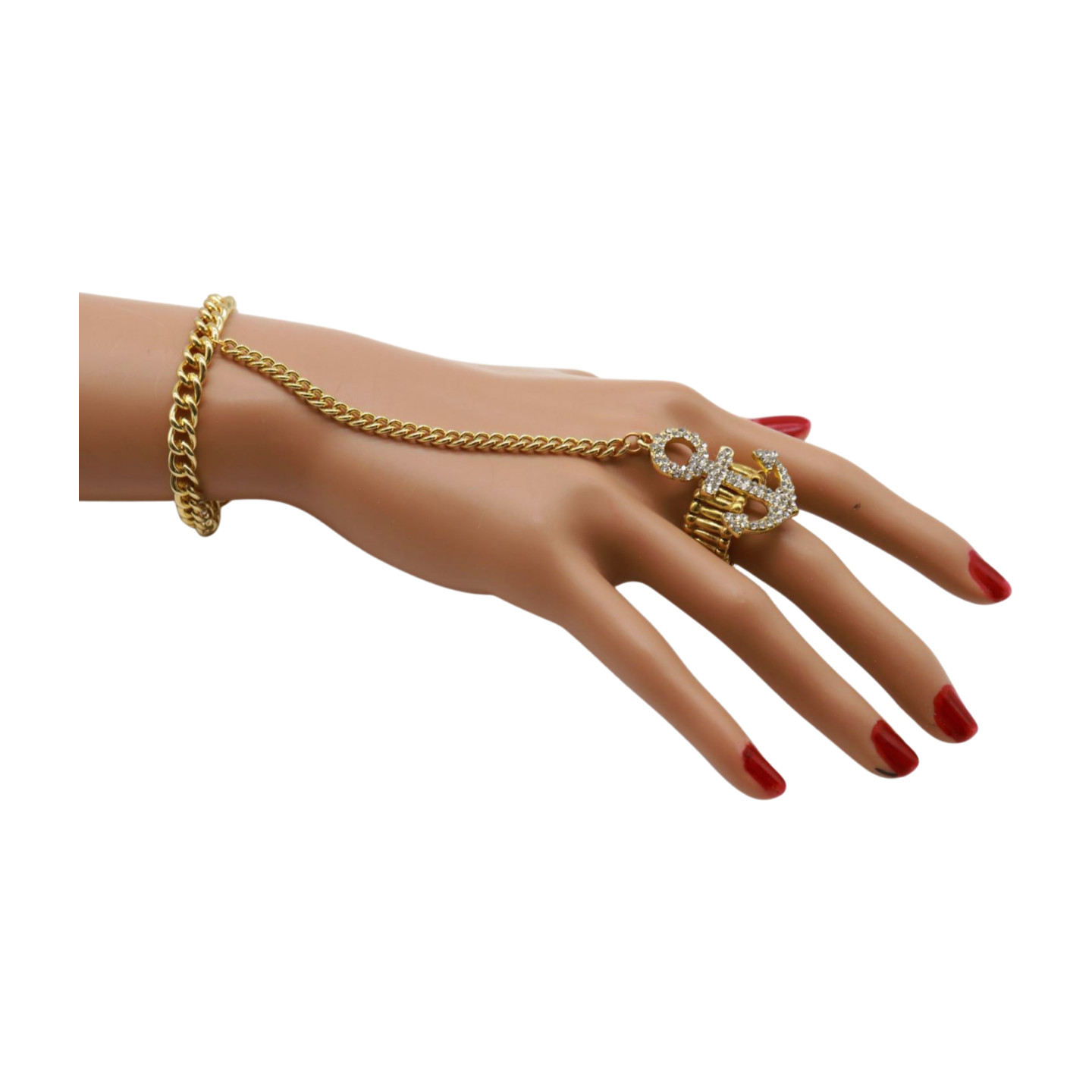 Hot Women Gold Metal Hand Chain Bracelet Connected Anchor Ring One Size Fits All