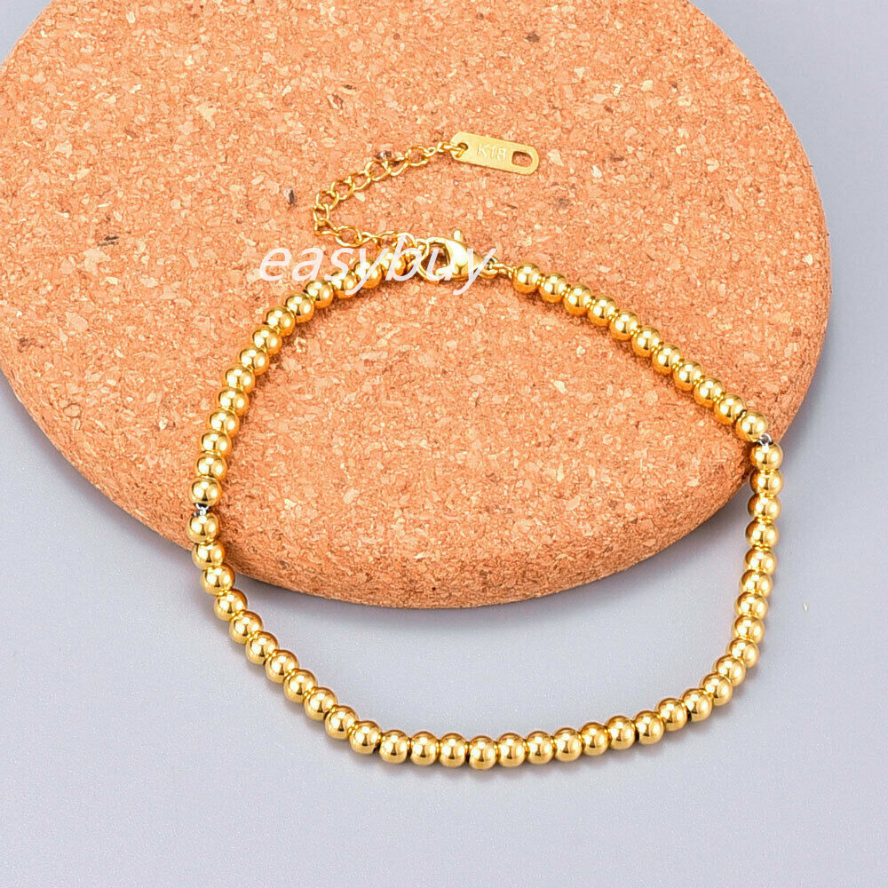 3&4mm Woman 18K Gold Plated Stainless Steel Chain Bead Ball Bracelet Cuff