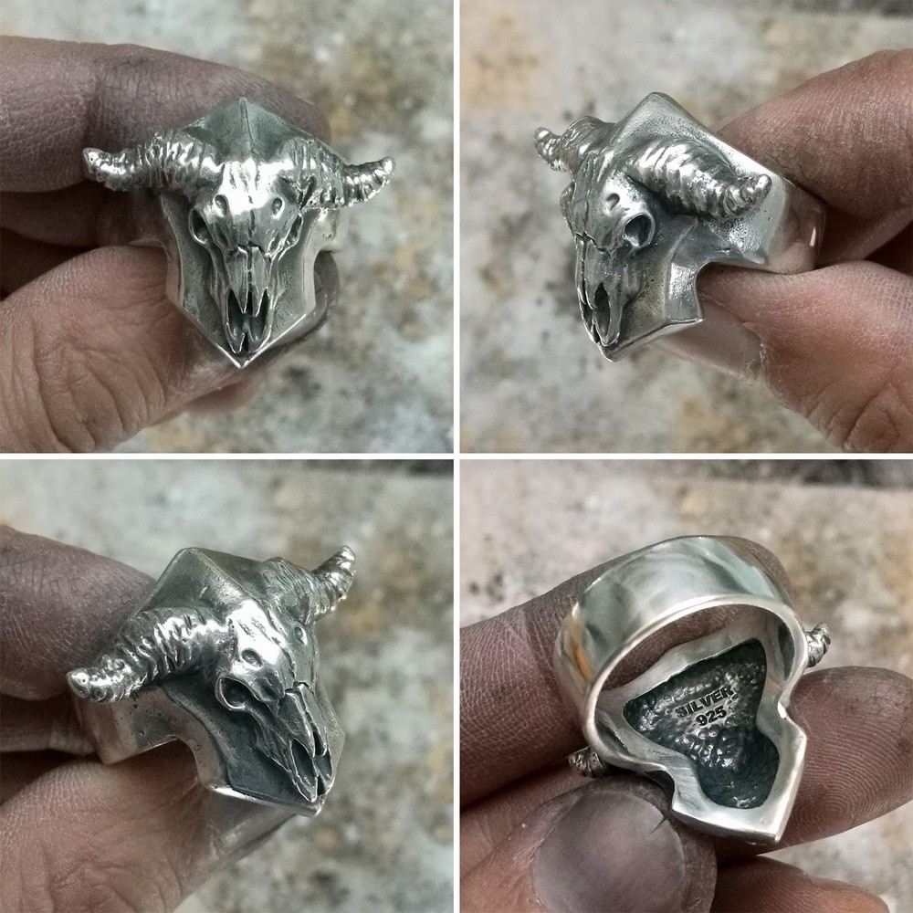 Buffalo Skull Bull Horn 925 Sterling Silver Ring Mens Jewelry TA133A US 7~13 EZ