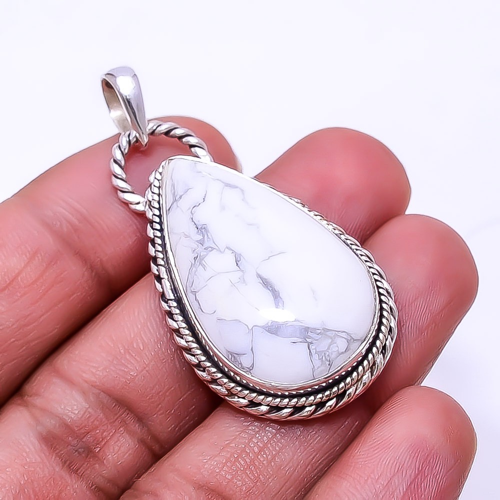 Natural White Howlite – United States 925 Sterling Silver Pendant 1.95″ P1739838