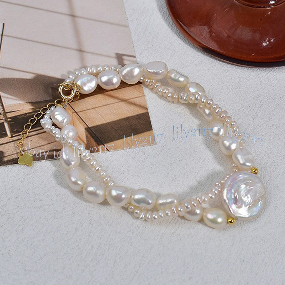 2 Rows Genuine Natural White Freshwater Baroque Pearl Coin Pearl Bracelet 7.5 in
