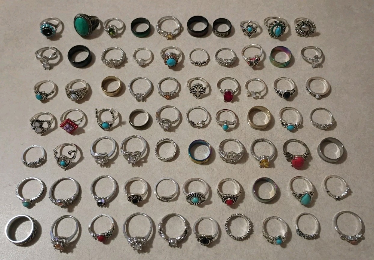 COSTUME JEWELRY RINGS Lot Of 70 Various Sizes, Stones, Gems, Etc…A