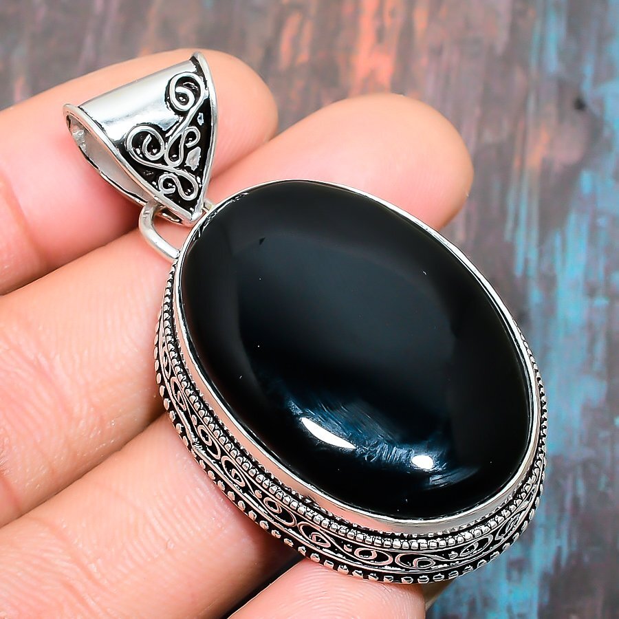 Black Onyx Gemstone Handmade Gift Jewelry Pendant 2.17″ K887
