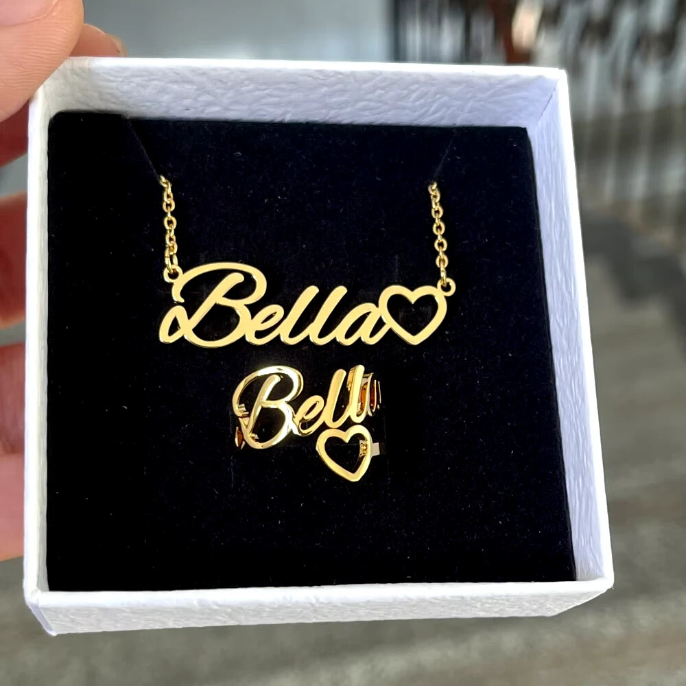 Customized Name Jewelry Set Necklace Ring Heart Gold Silver Stainless Steel Gift