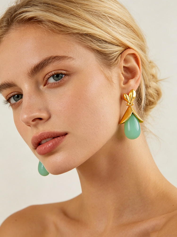 Green Opal Teardrop Floral Dangle Earrings 18K Gold Plated Brass For Ladies