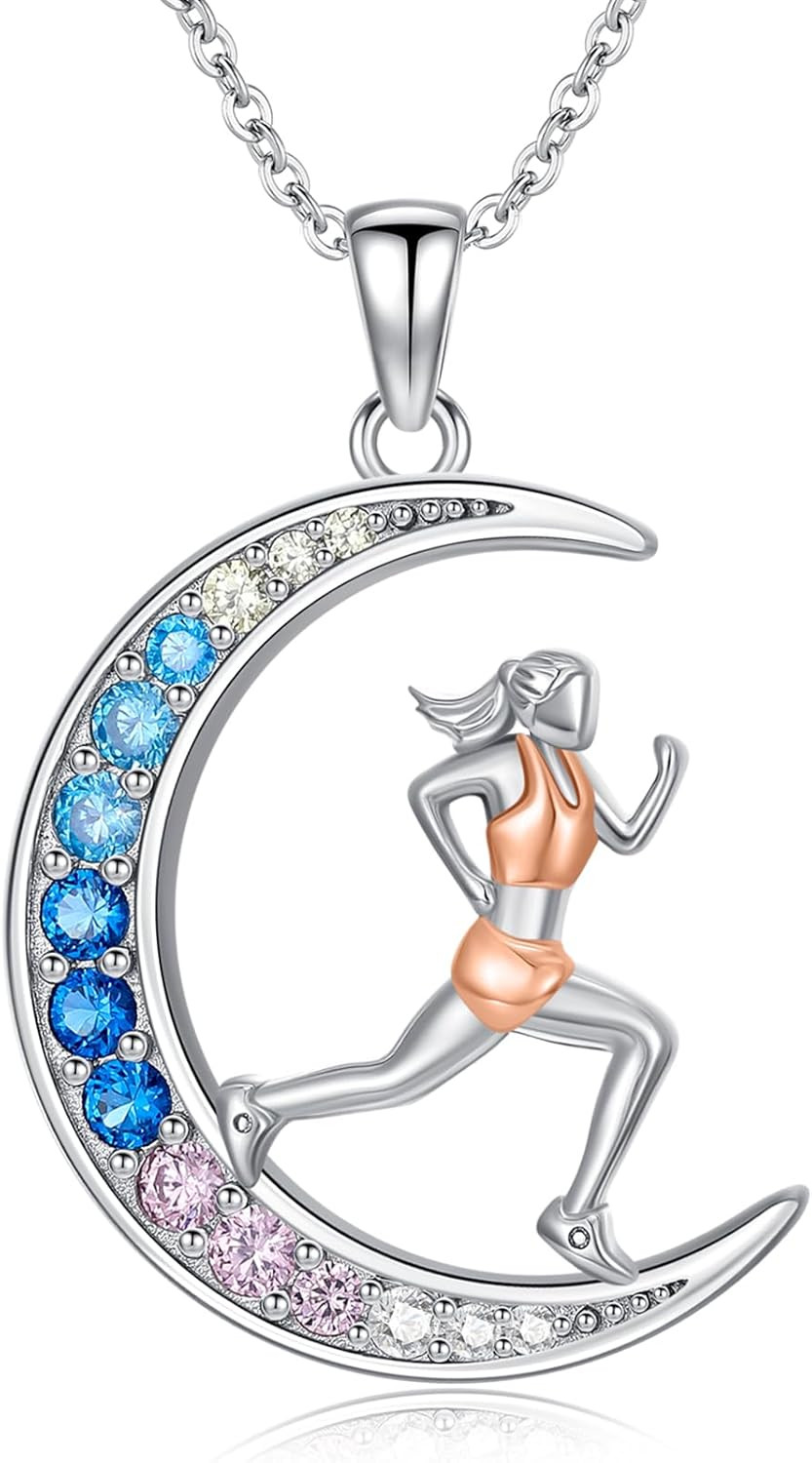 Moon Running Necklace 925 Sterling Silver Runner Girl CZ Jewelry Gifts for Women