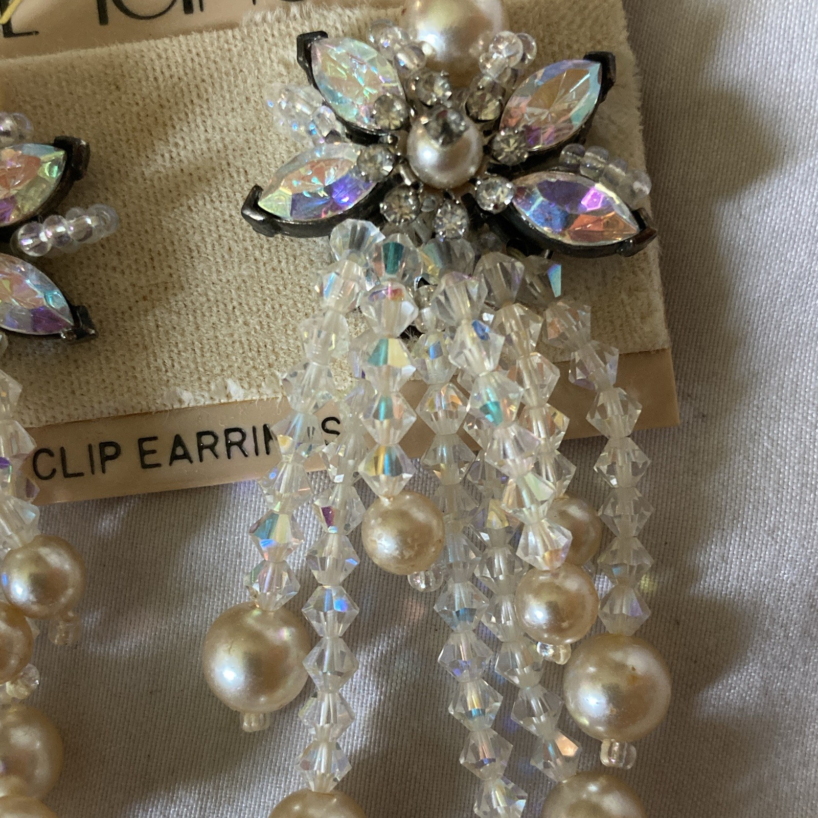 The Icing Crystal Rhinestone Faux Pearl Flower Cluster Clip-On Dangle Earrings