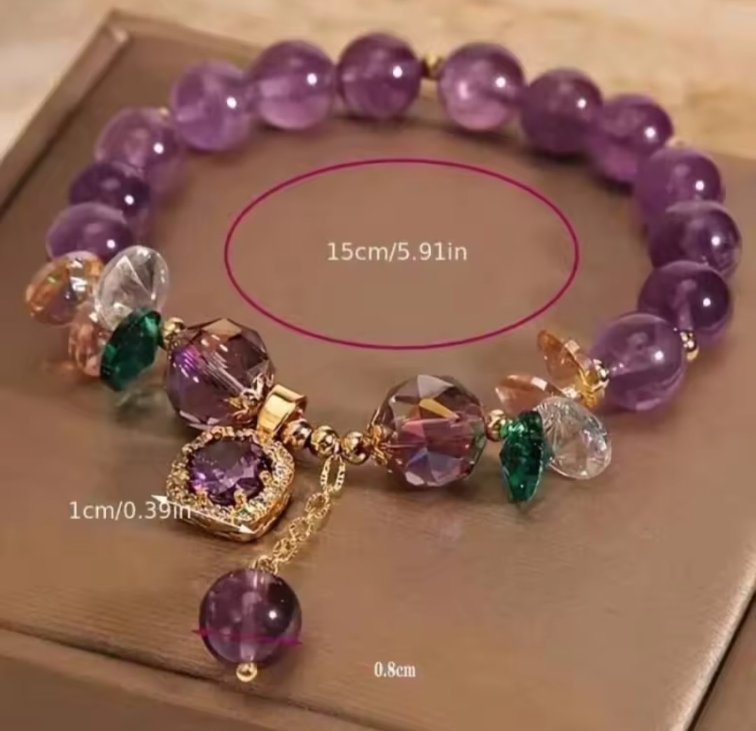Purple Crystal Beaded Bracelet, Elegant Amethyst Charm Bracelet