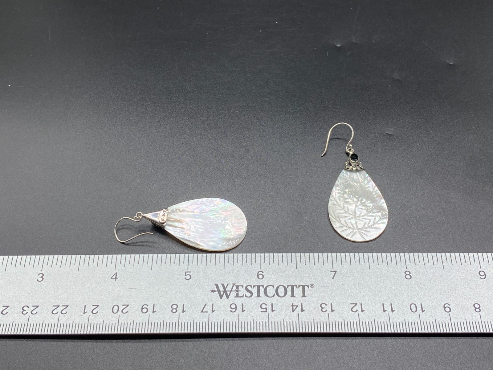 SAMUEL B.-Sterling Silver Onyx Floral Etched MOP Teardrop Dangle Earrings