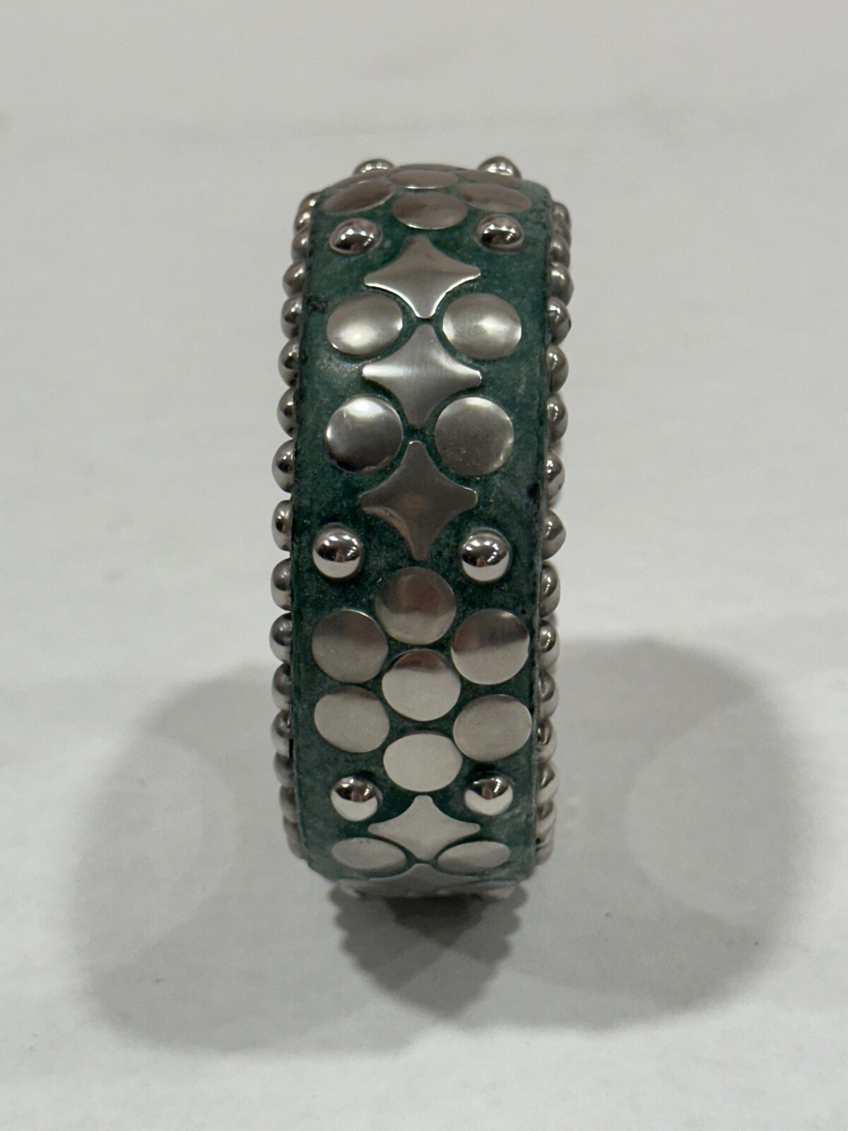 Antika Bangle Bracelet Green And Silver Tone Over Wood 1.5” Wide And 9″ Round