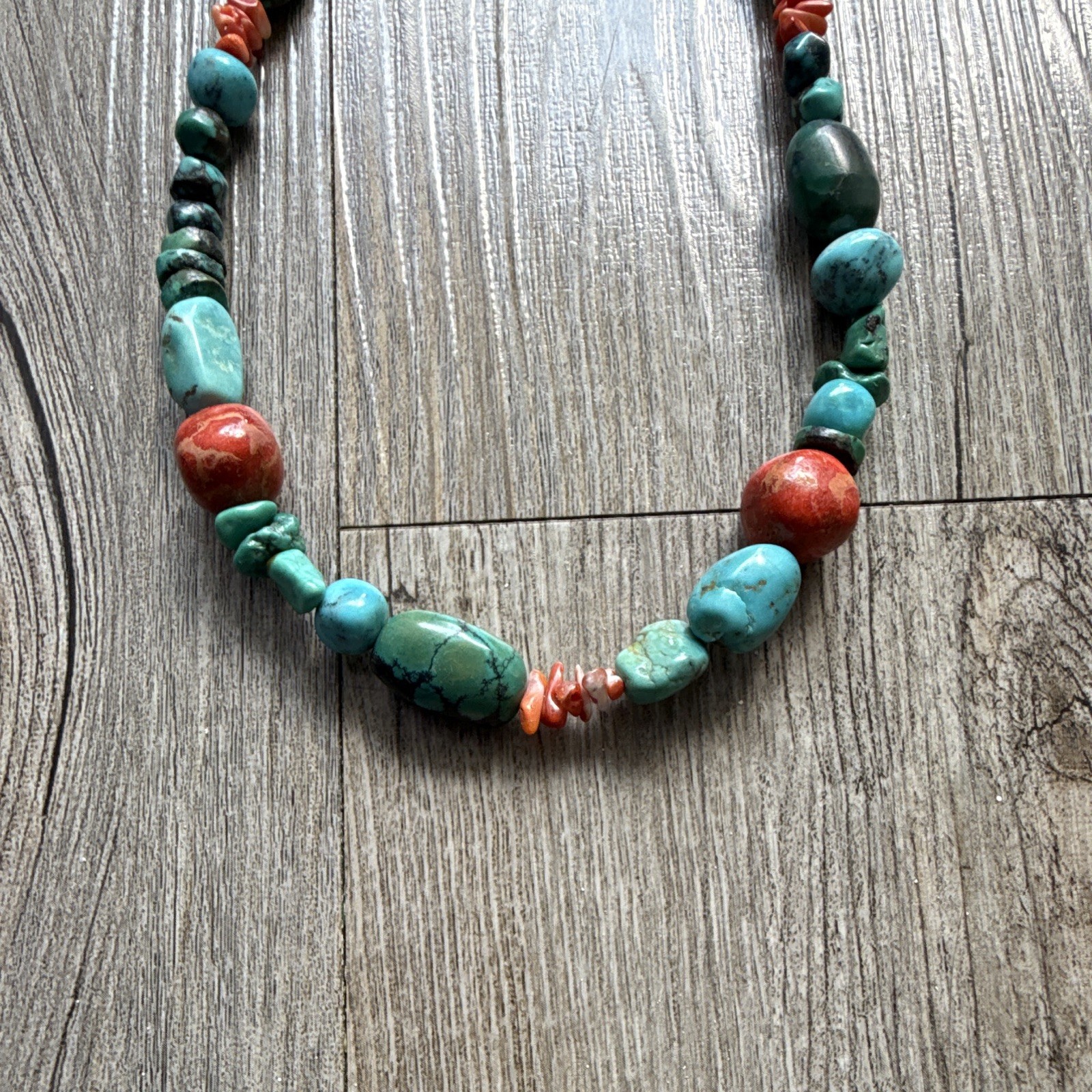 Turquoise & Jasper Stone Beaded Necklace, Round Blue Beads, Lobster Clasp