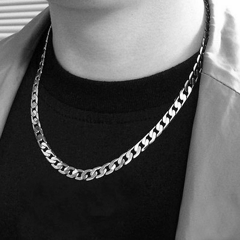 925 Silver Plated Flat Cuban Chain Necklace Men 4-10mm Stainless Jewelry