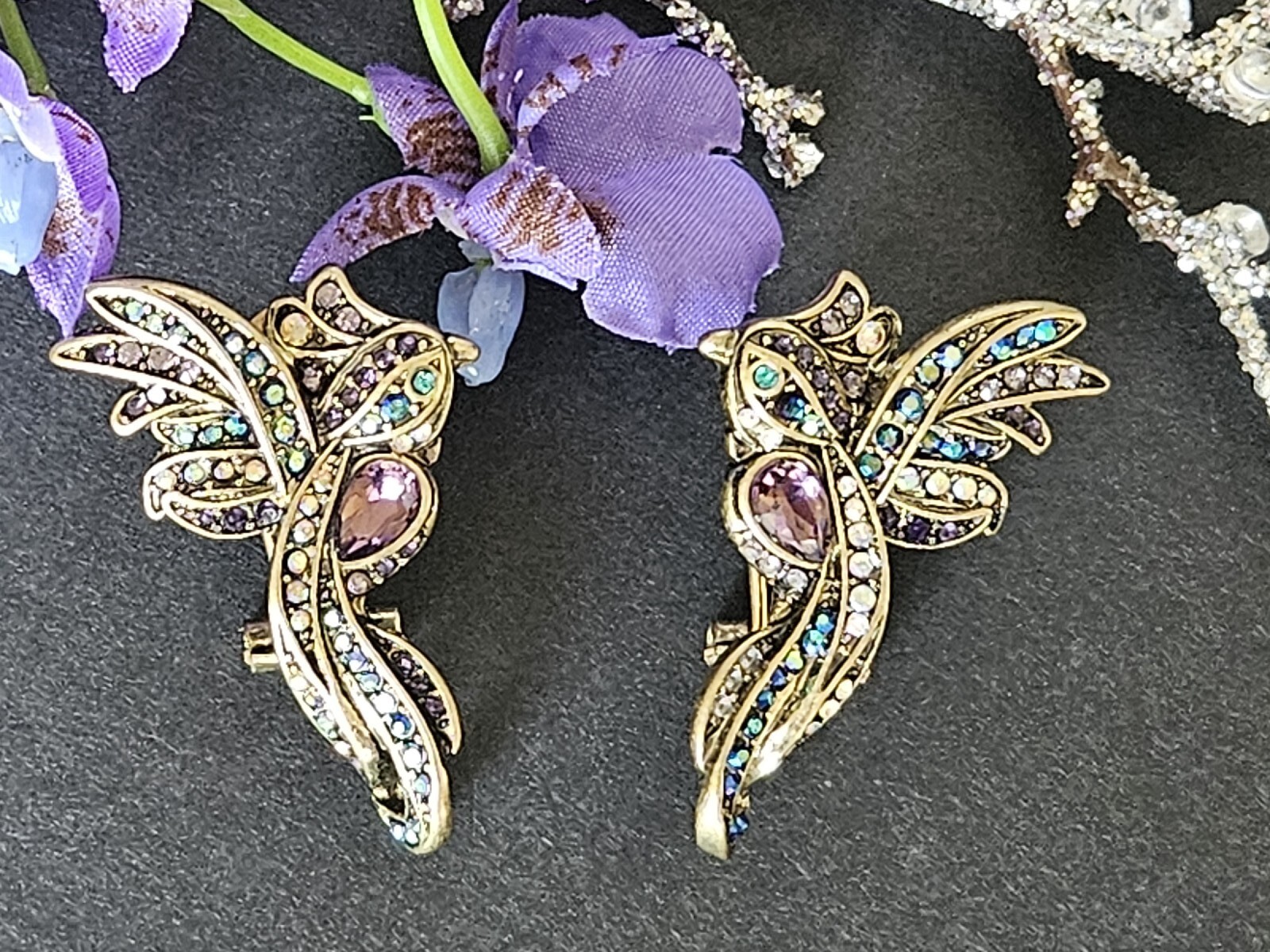 Heidi Daus Earrings Phoenix Rising Crystal Stud Bronze Tone 1-3-8 Inch NWT