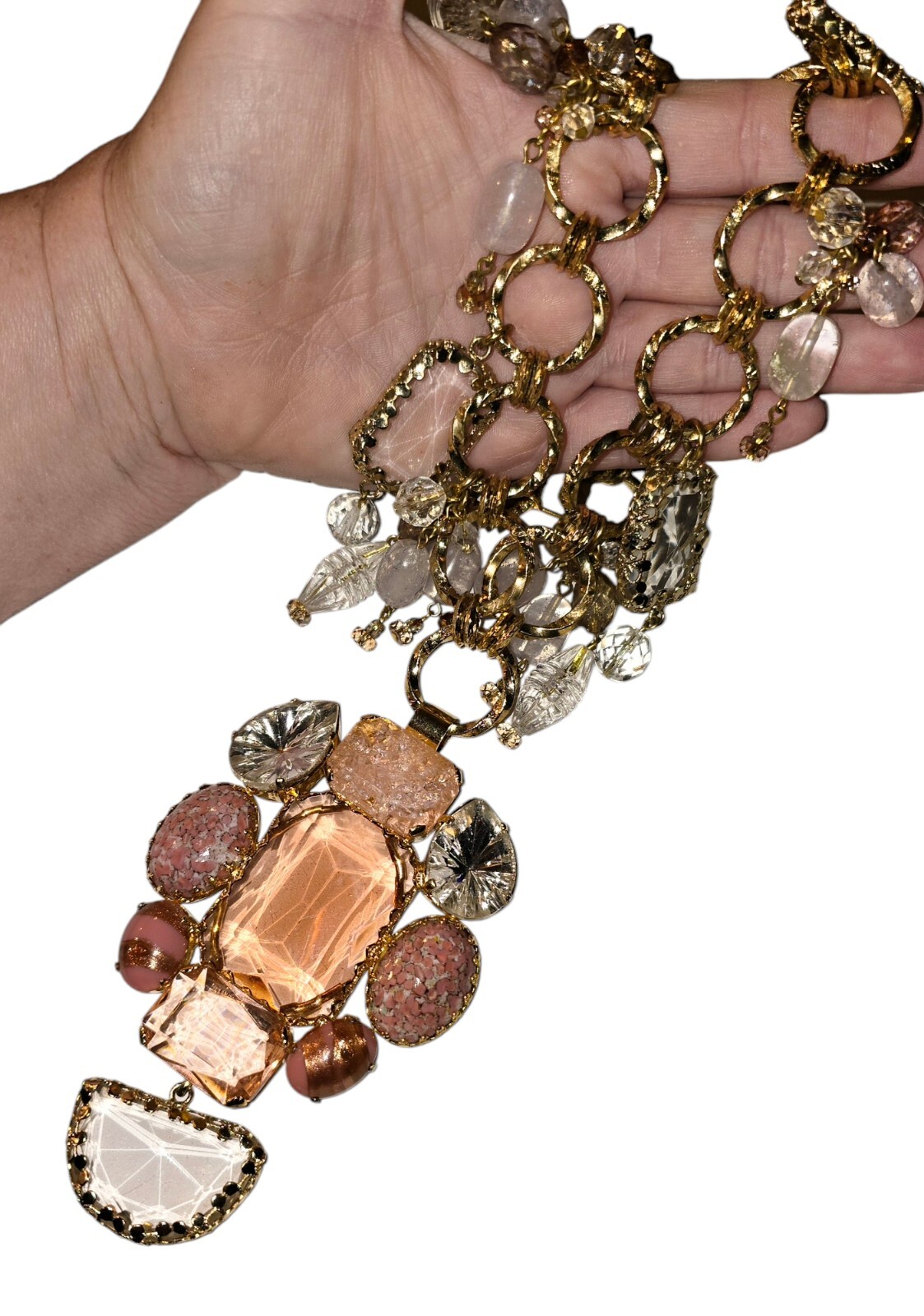 SLJ SHERRI JENNINGS HUGE RHINESTONE STATEMENT NECKLACE GOLD TONE – SIGNED