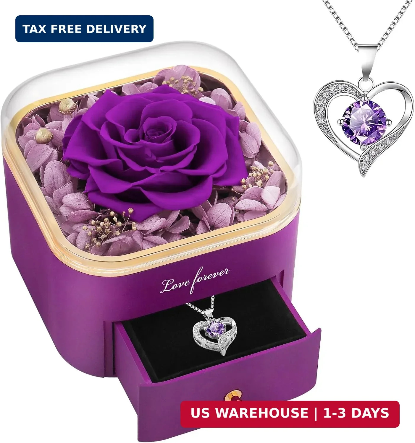Beferr Birthday Gifts for Women Preserved Real Rose with Necklace Eternal Purple
