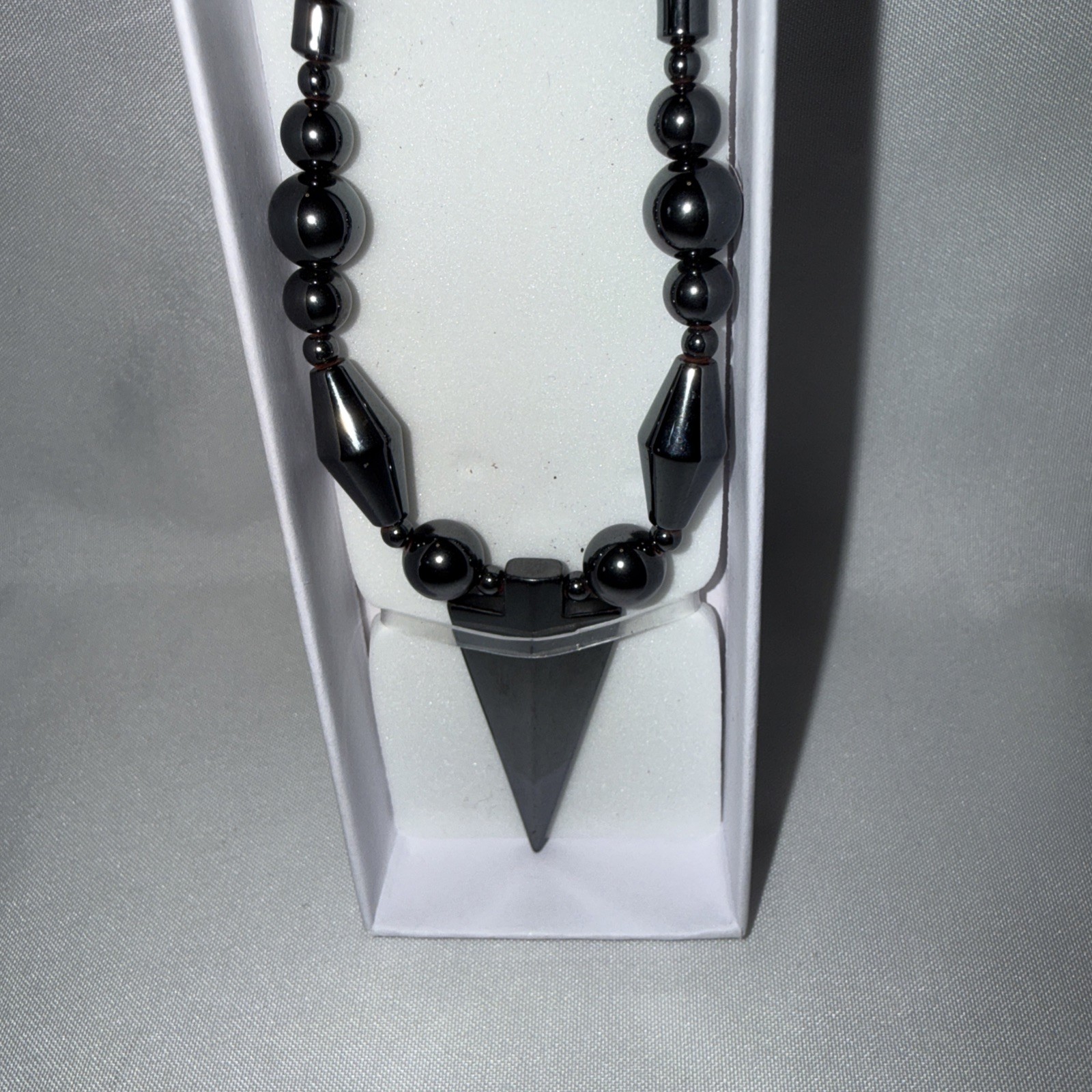 NEW Hematite Beaded Necklace with Arrowhead Triangle Pendant – Gunmetal Gray