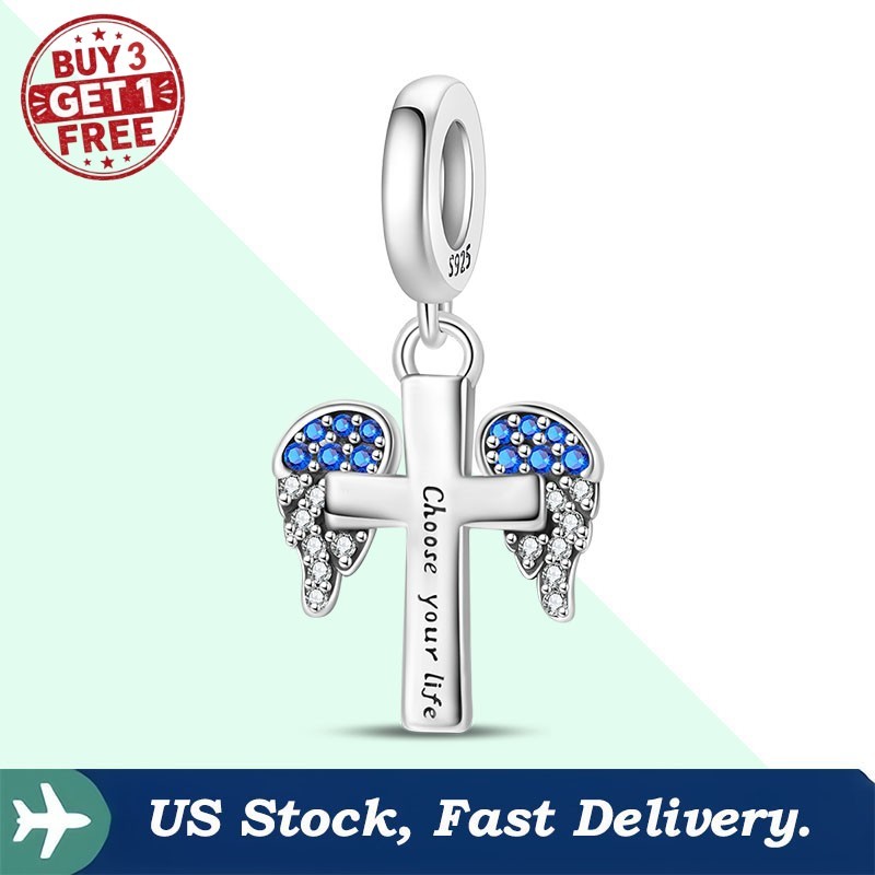 KUNSIR 925 Sterling Silver Angel Cross Pendent Charm For Bracelet Necklaces DIY
