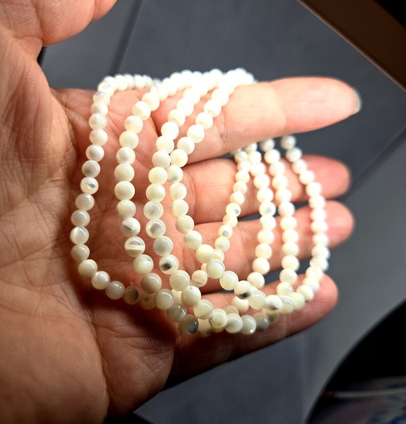 Handmade Mother of Pearl Elastic Stretch Bracelet – 4mm Round Gemstone Bead