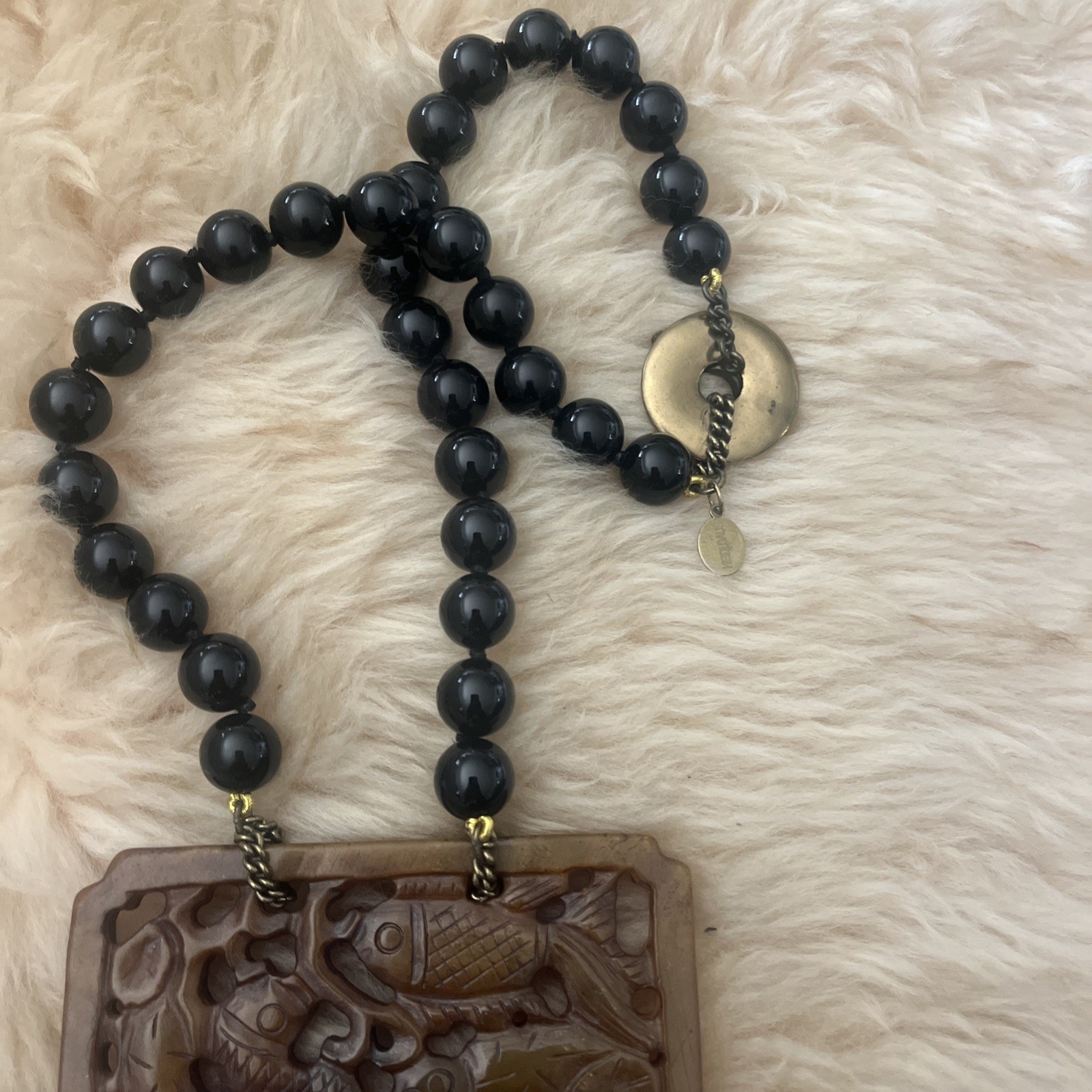 Heidi Daus Asian Design Chinoiserie Necklace Onyx Beads Carved Pendant Tassel