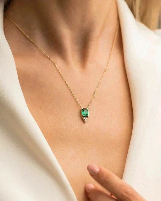 3.Ct Emerald Cut Simulated Green Emerald Bezel Pendant 14K Yellow Gold Plated
